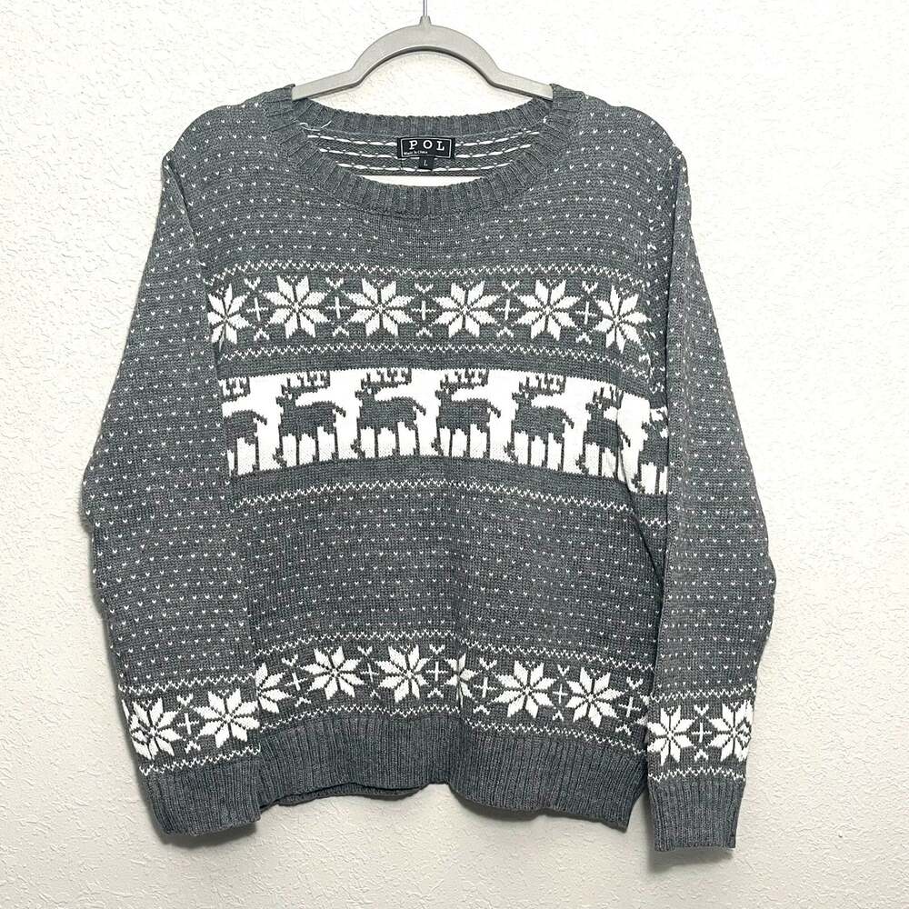 Reindeer Holiday Women Gray Nordic Fair Isle Sweater Size L Cozy Ski Cabin Layer
